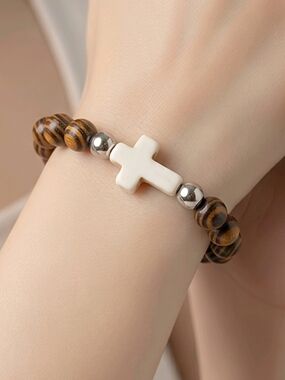 Cross Bead Bracelet Wood Beads Faith Bracelet Stretch Christian Jewelry Unisex